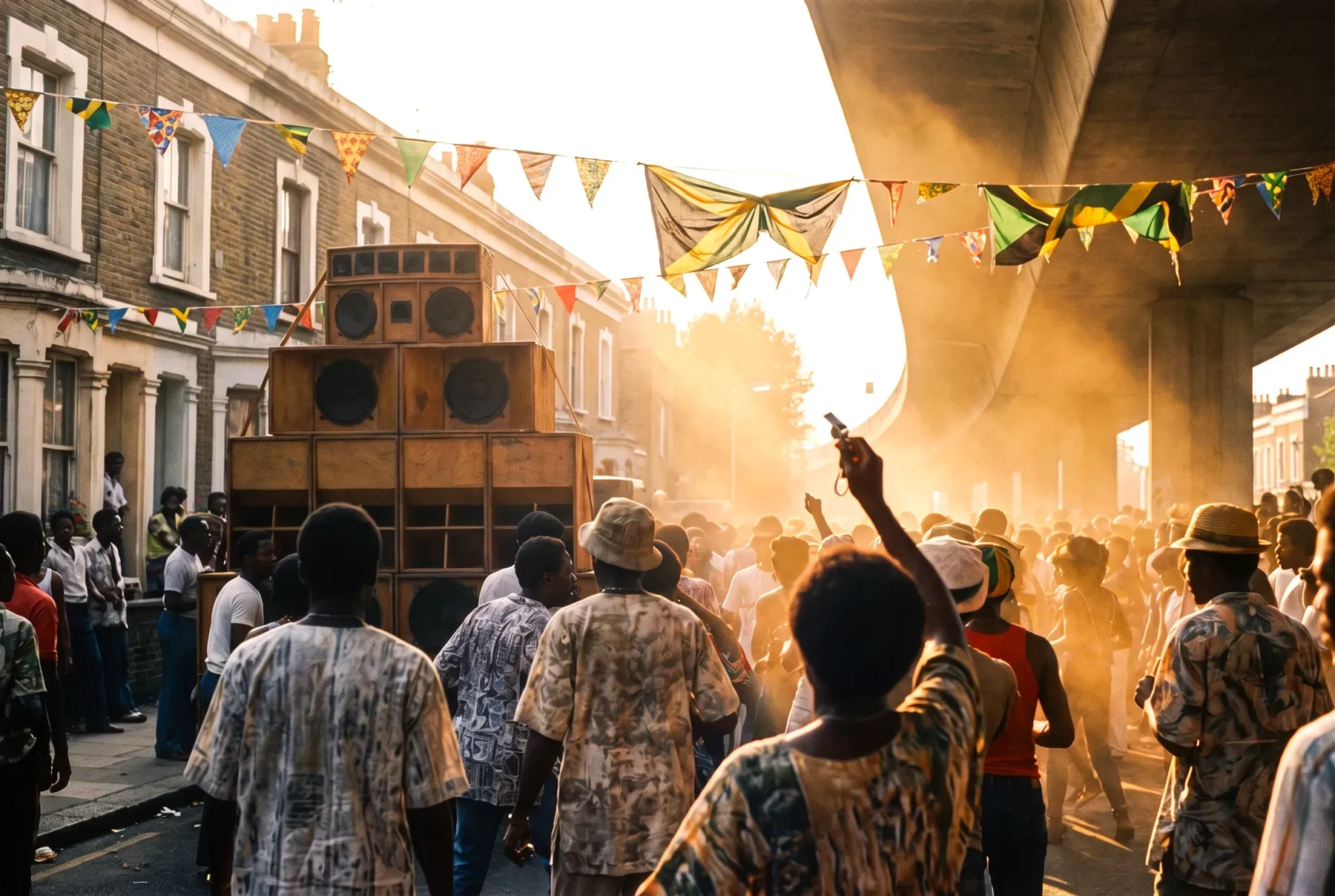 A static sound system under the Westway at Notting Hill Carnival, a crowd dancing in the summer haze
