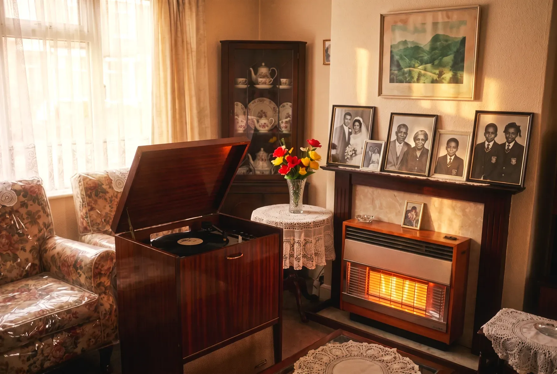 A Caribbean family's front room in London: a radiogram, family portraits, a picture of Jamaican hills above the gas fire