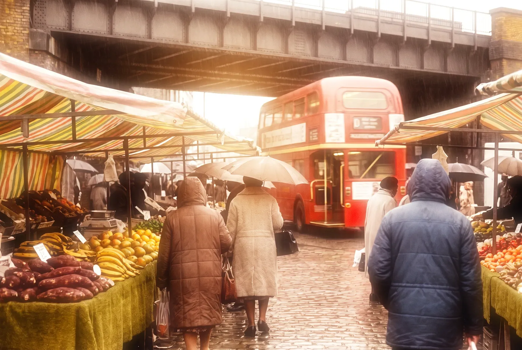 A South London street market in the rain under a railway bridge, a red Routemaster passing