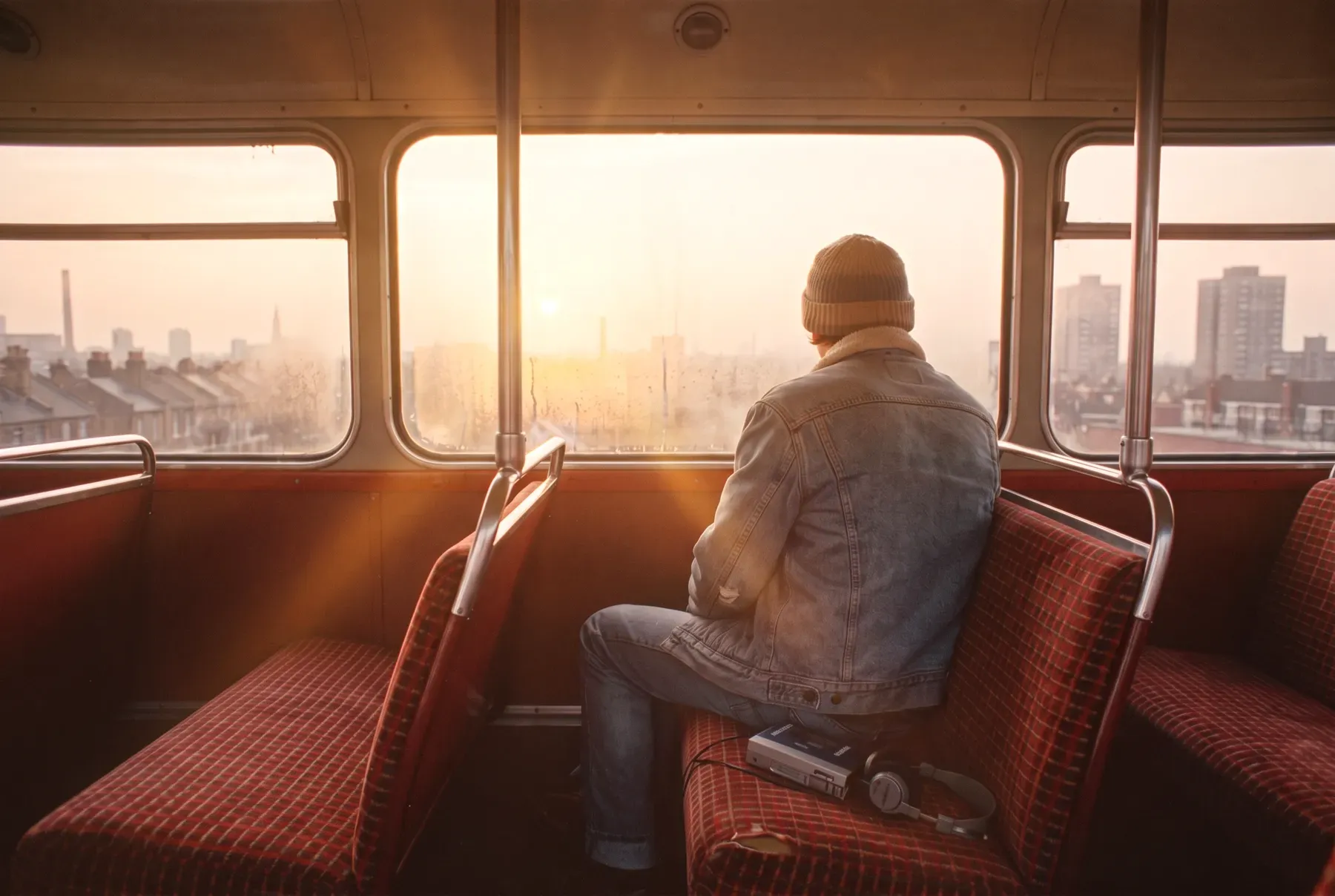 The top deck of a London bus at sunrise, a passenger with a Walkman looking out over the tower blocks