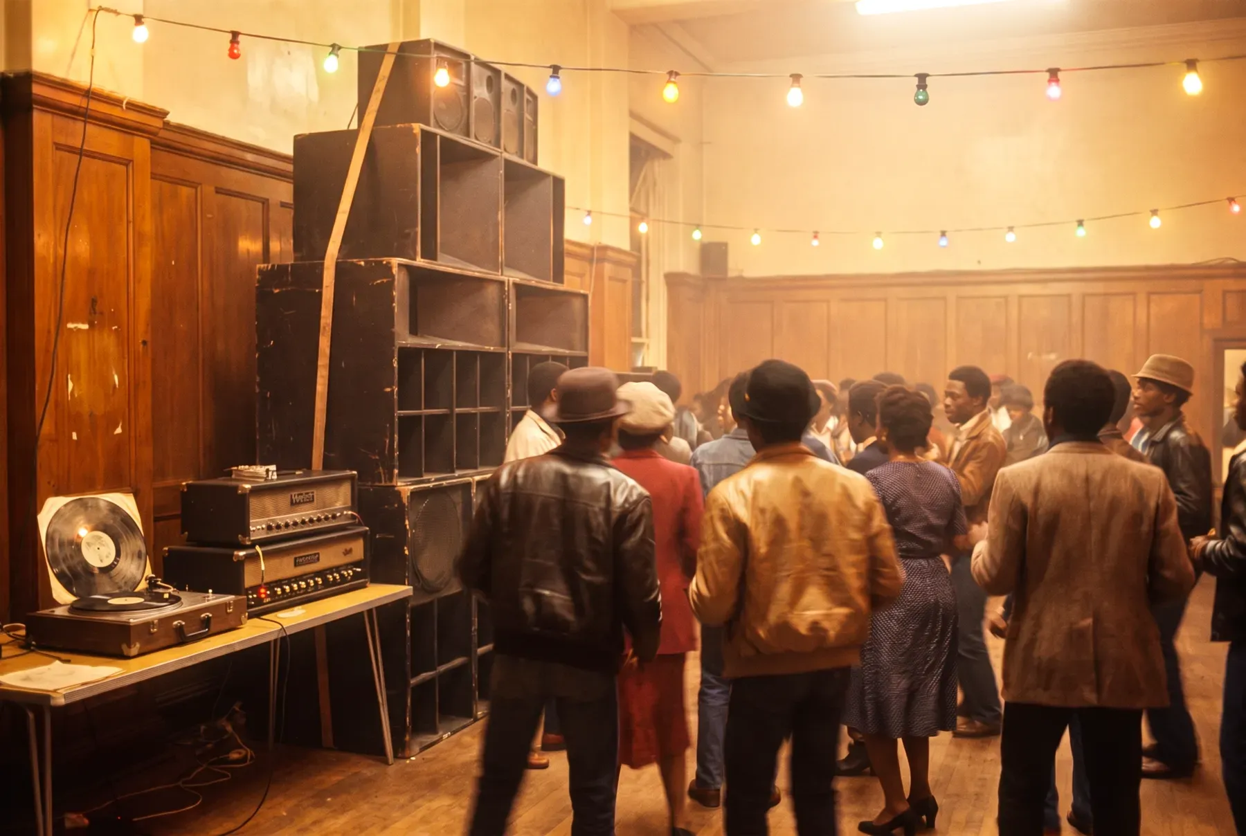 A hand-built reggae sound system stacked to the rafters of a community hall, dancers moving in the haze
