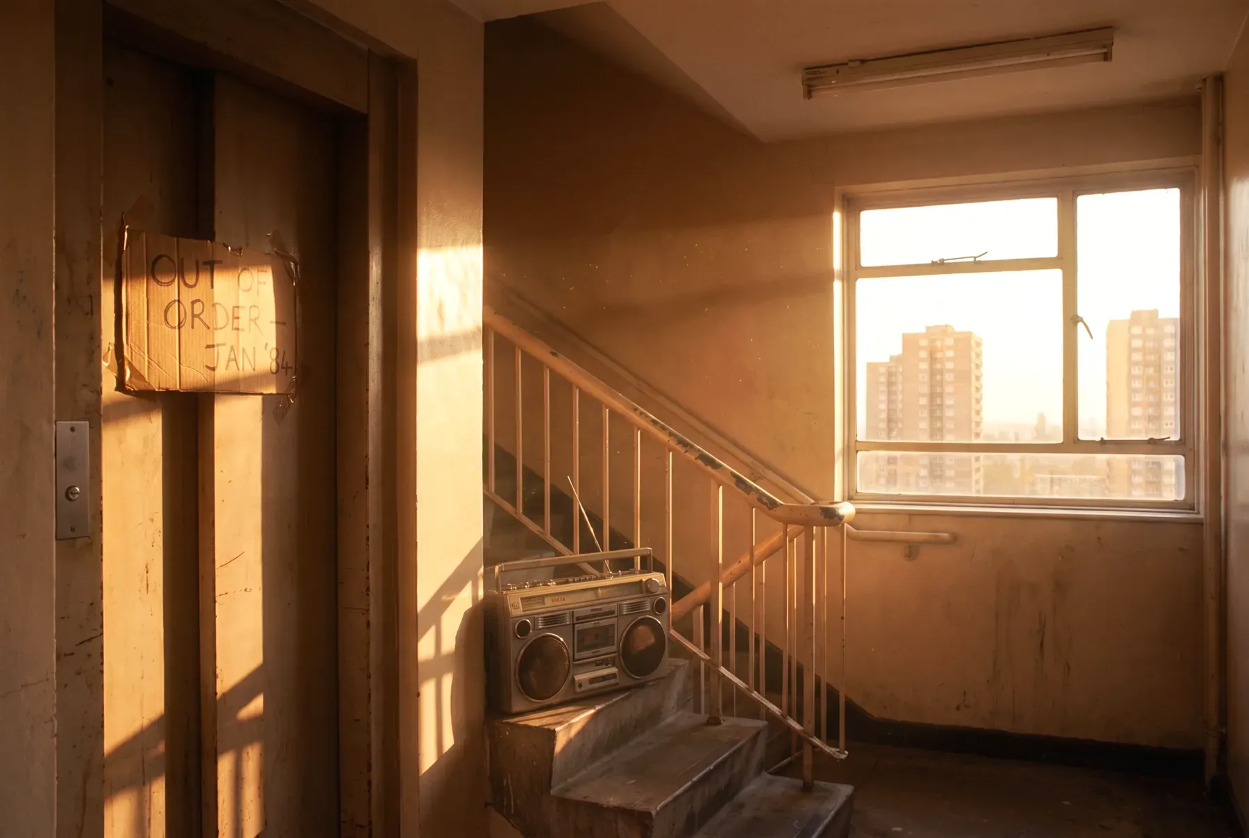 A tower-block stairwell with an out-of-order sign on the lift door and a cassette radio on the stairs