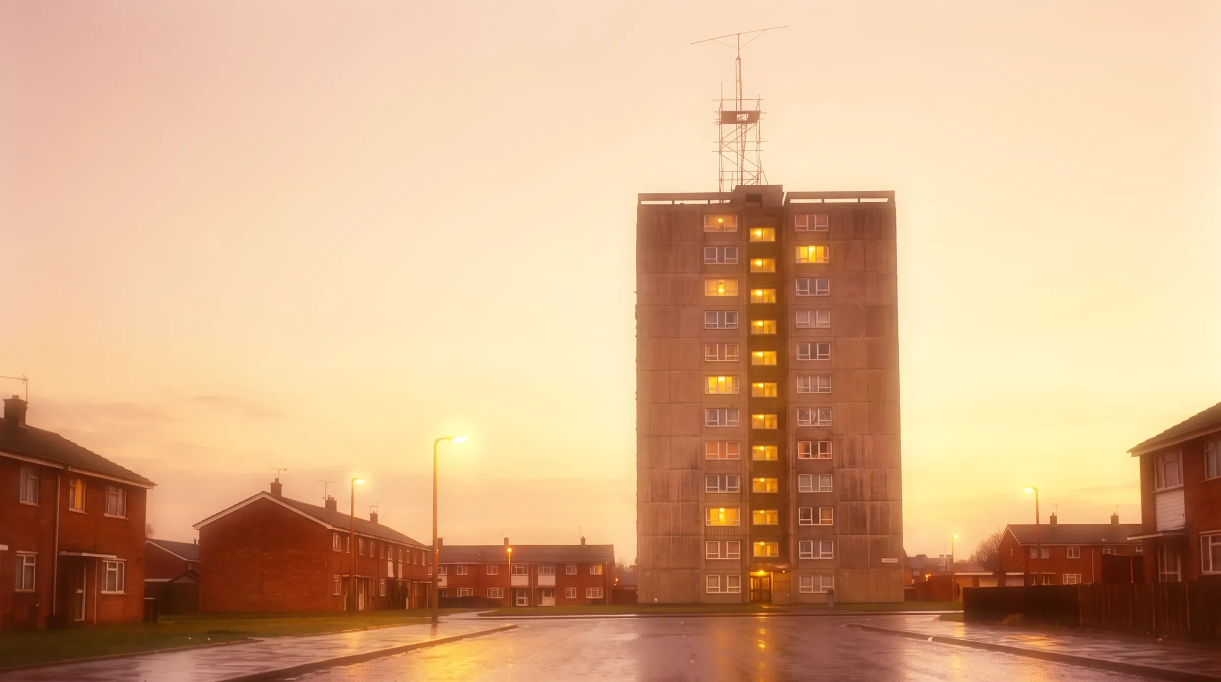 A South London council tower block at dusk, its windows lighting up one by one, a home-made radio aerial on the roof