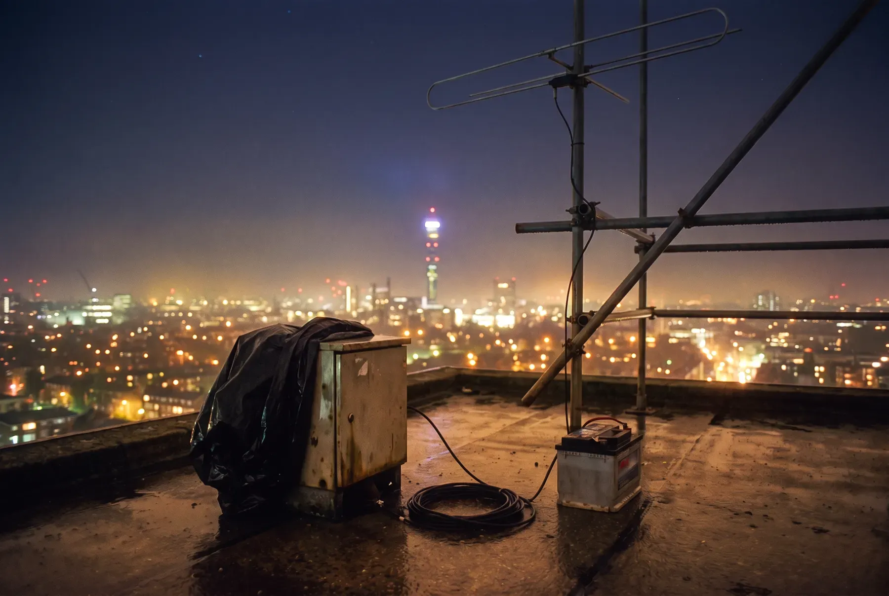 A home-made FM transmitter under a bin bag on a tower-block roof, London lit up below