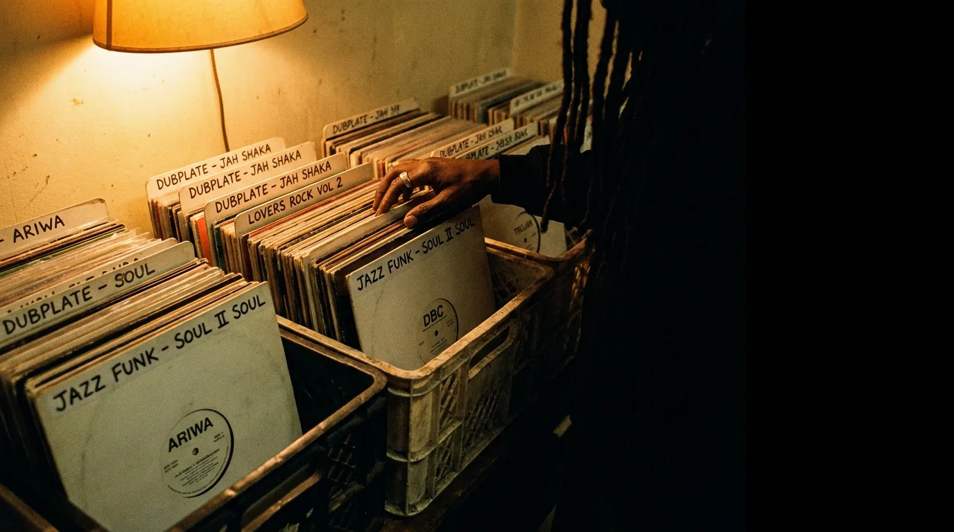 Hand-filed crates of vinyl — dubplates, lovers rock and jazz funk — under a single warm lamp