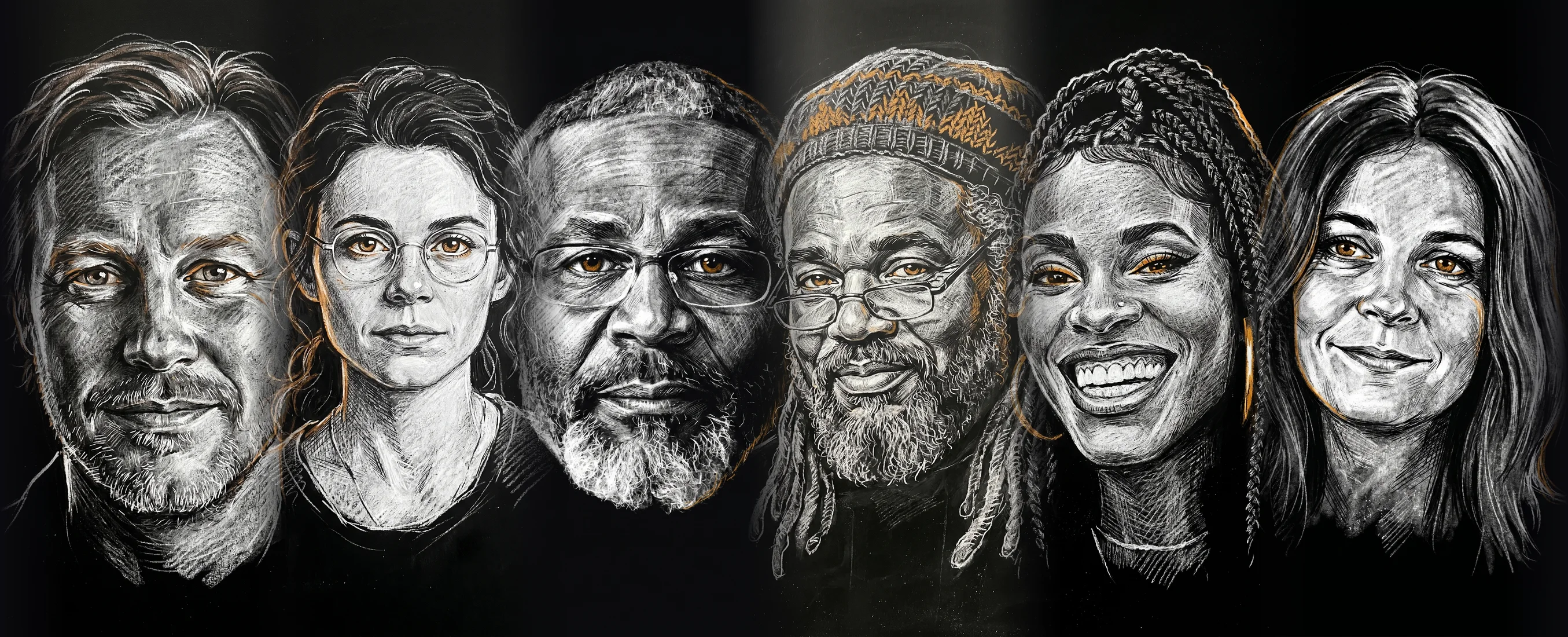 The LTBR.FM broadcasters, drawn together in white chalk on black
