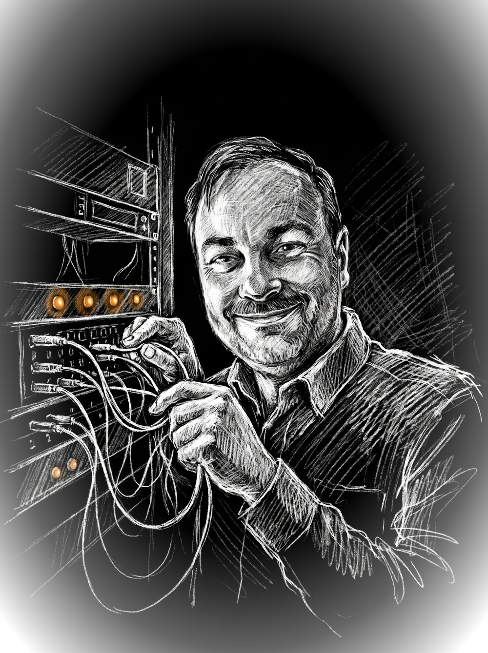 Chalk sketch of the engineer grinning at a handful of patch cables in front of an equipment rack