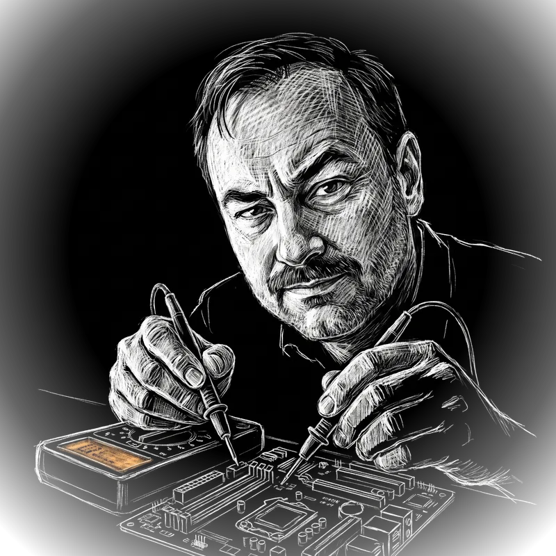 Chalk sketch of the engineer testing a circuit board with multimeter probes, the meter glowing amber