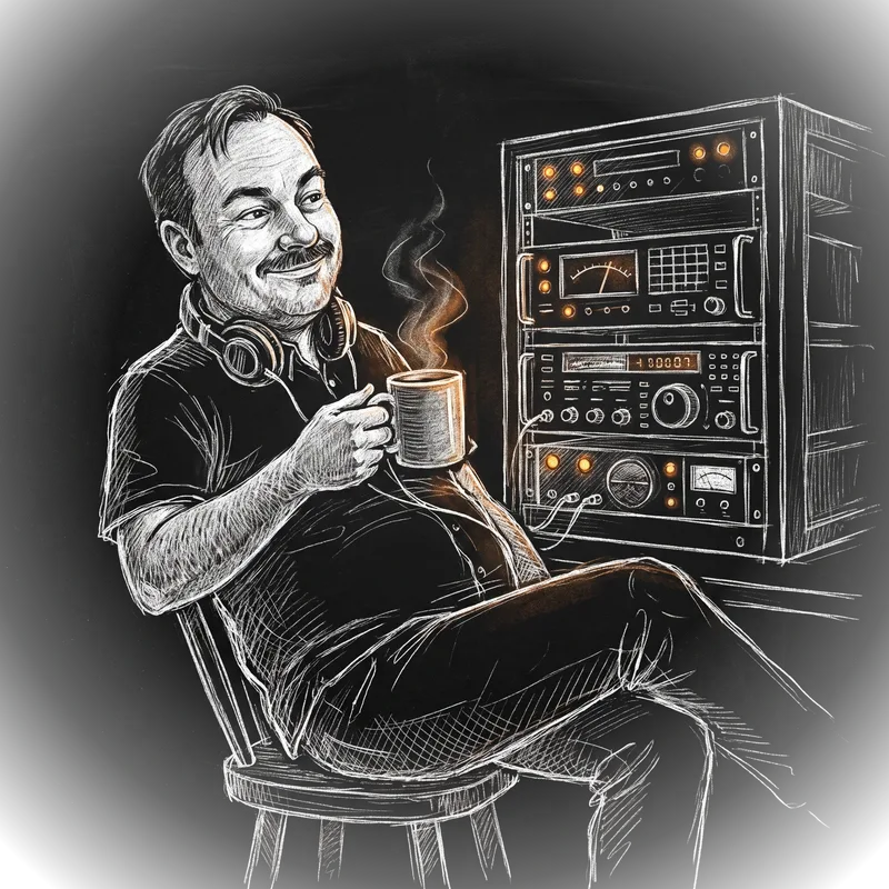 Chalk sketch of the engineer leaning back with a mug of tea, admiring a finished equipment rack
