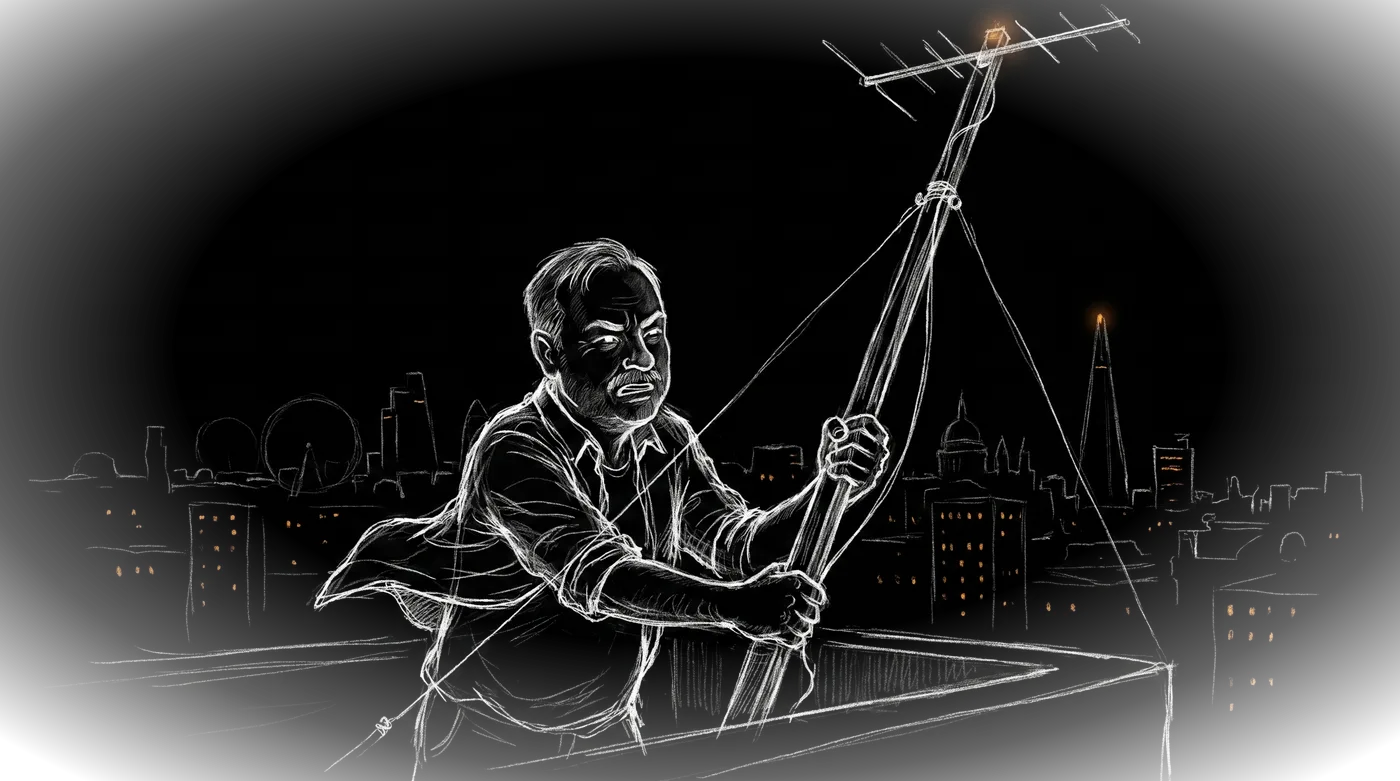 Chalk sketch of the engineer raising a homemade FM mast on a tower block roof, London skyline behind