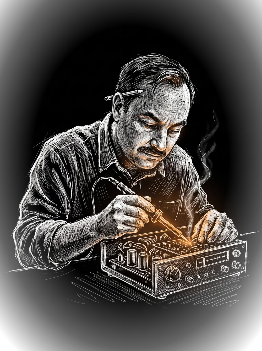 Chalk sketch of the engineer soldering an open transmitter chassis, the iron tip glowing amber