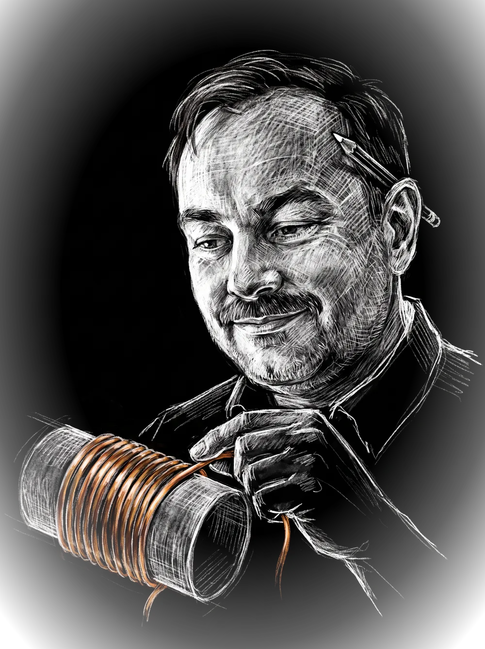 Chalk sketch of the engineer winding a copper coil, the wire glinting amber between his fingers