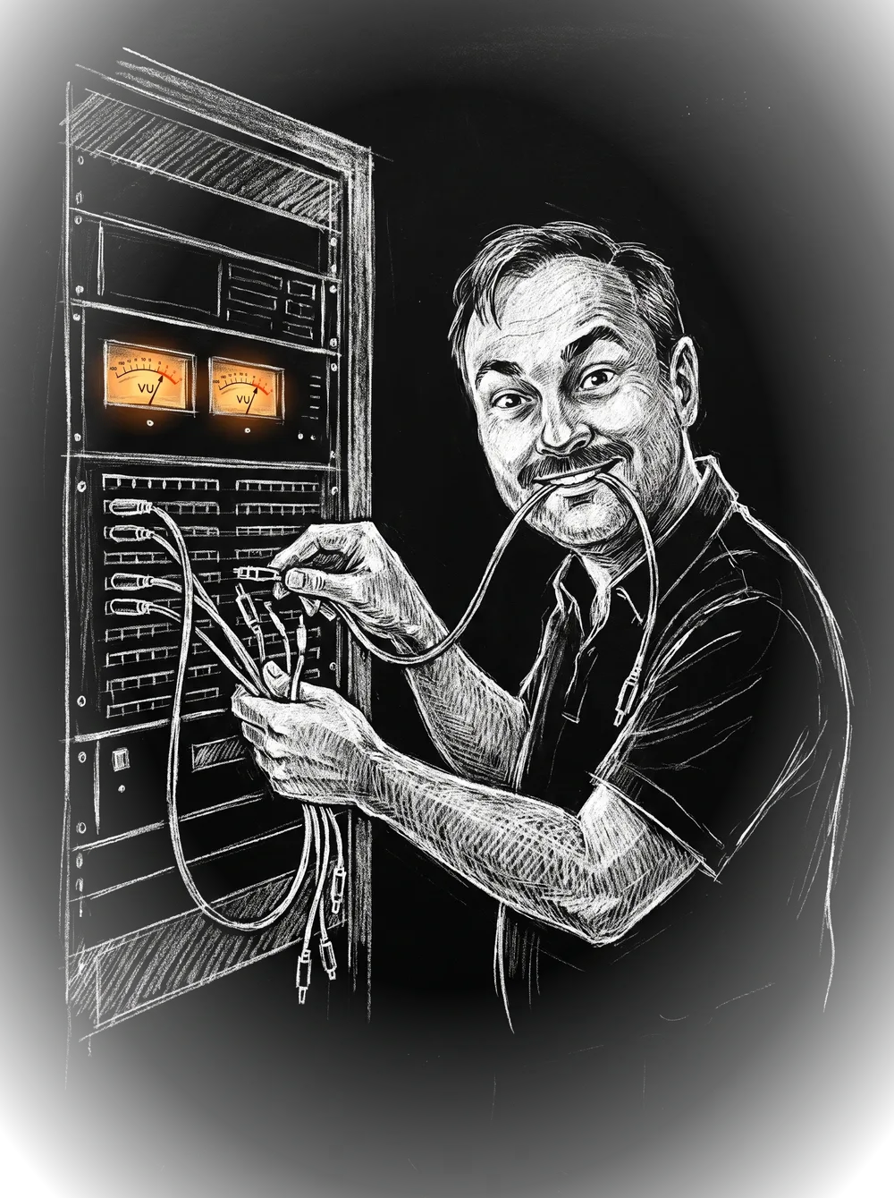 Chalk sketch of the engineer patching cables into a rack, one cable held in his teeth, VU meters glowing amber