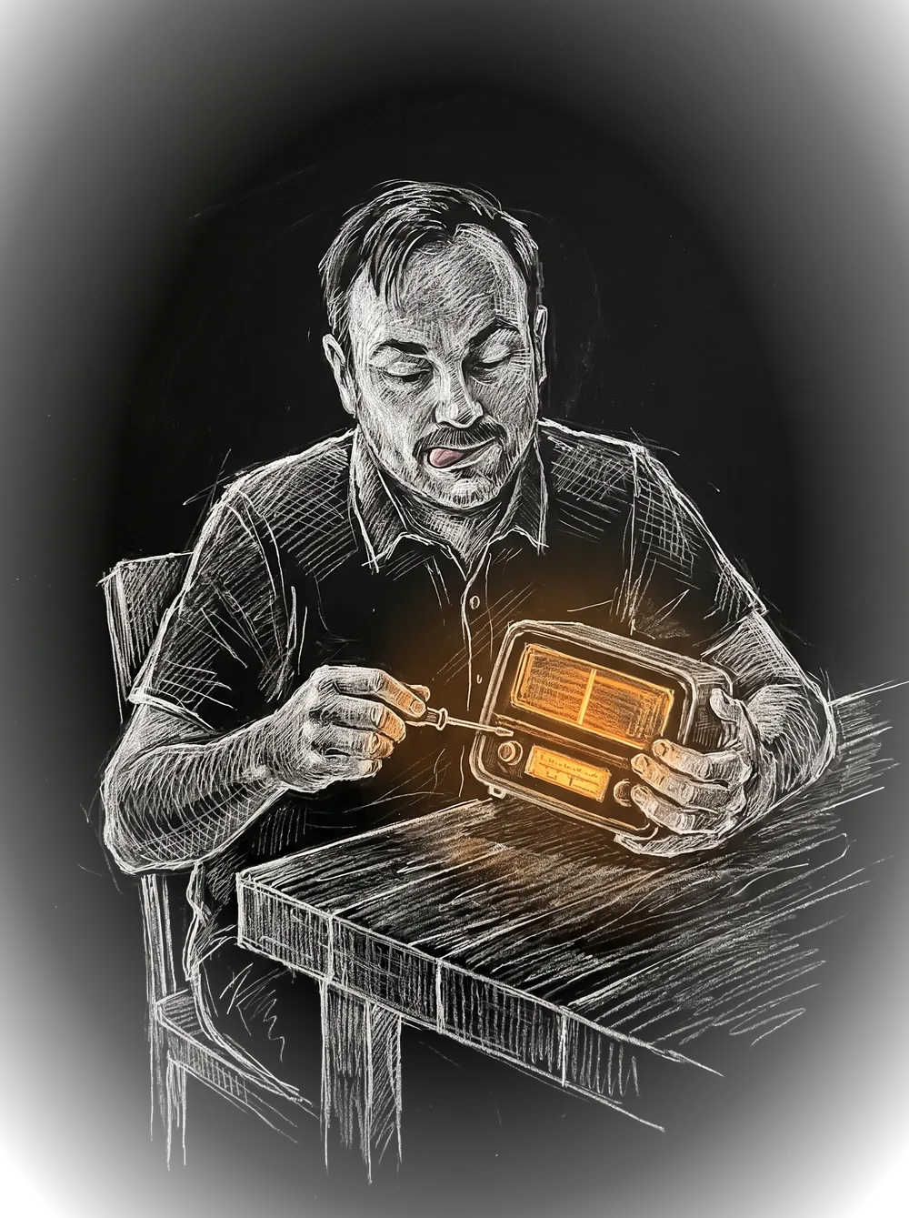 Chalk sketch of the engineer assembling a small desktop radio, its display window glowing amber
