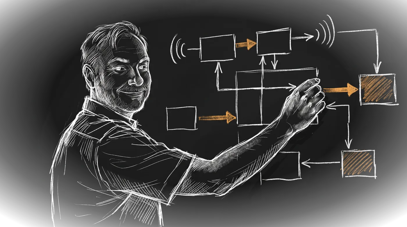Chalk sketch of the engineer drawing the station's signal chain as a block diagram on a black wall
