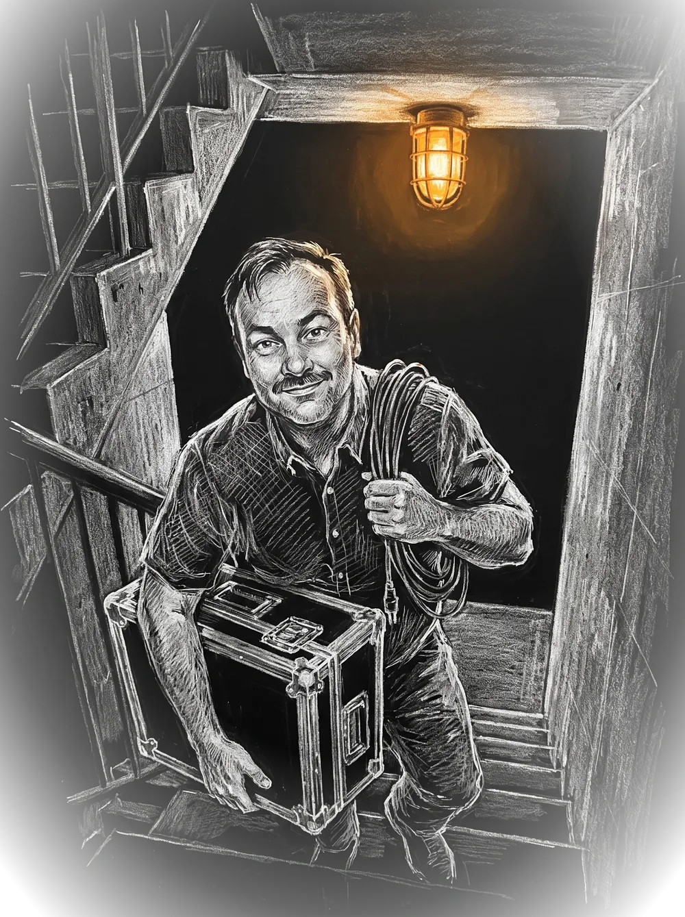 Chalk sketch of the engineer carrying a transmitter flight case up a tower-block stairwell under an amber lamp