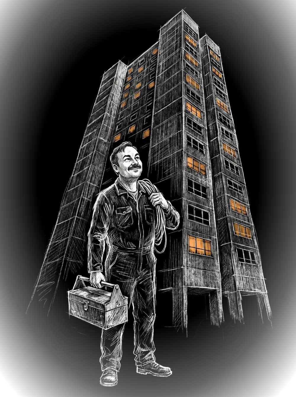 Chalk sketch of the engineer at the foot of a tower block at dusk, toolbox in hand, amber windows above