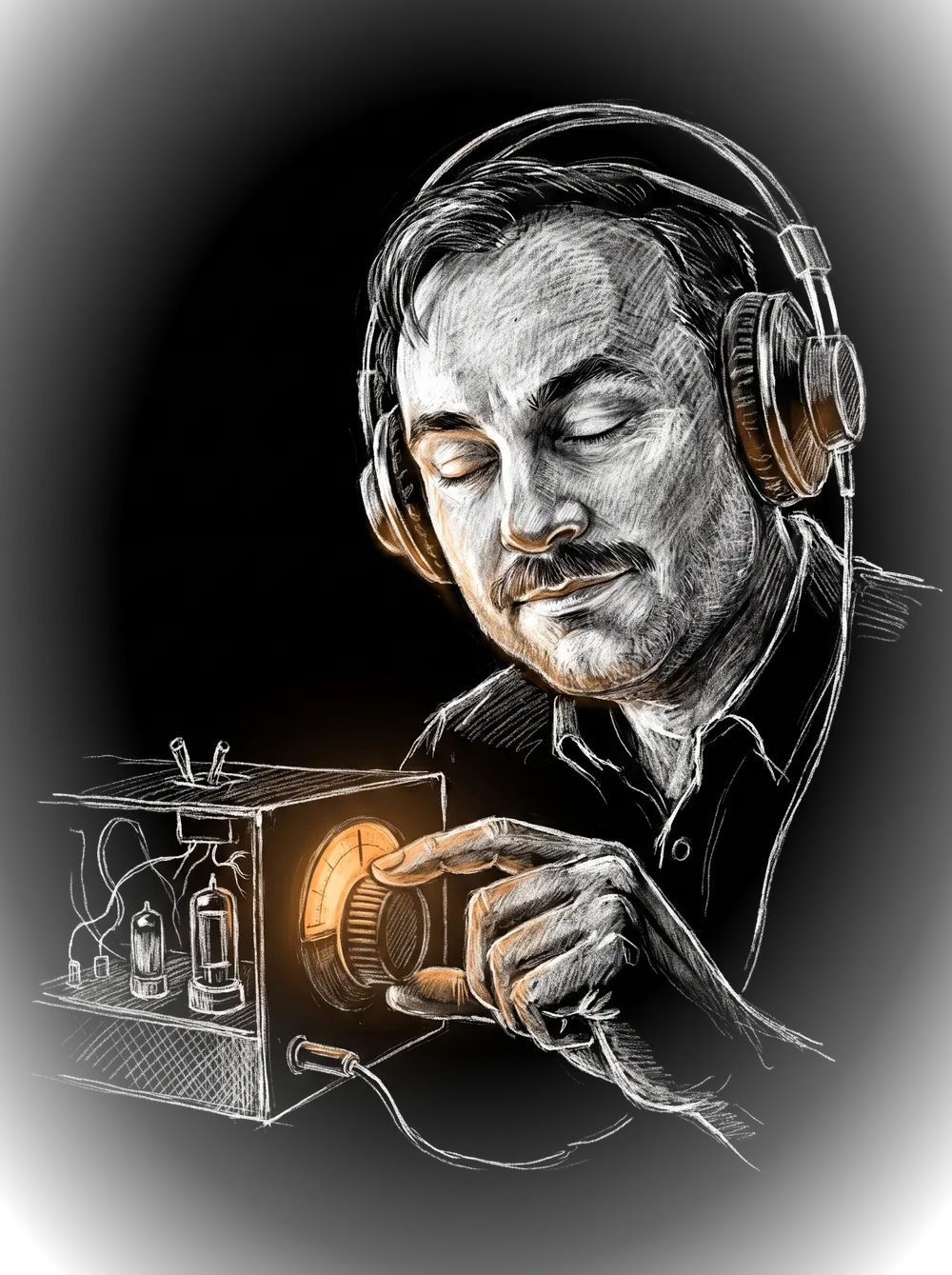 Chalk sketch of the engineer listening through headphones, hand on a tuning knob, dial lamp glowing amber