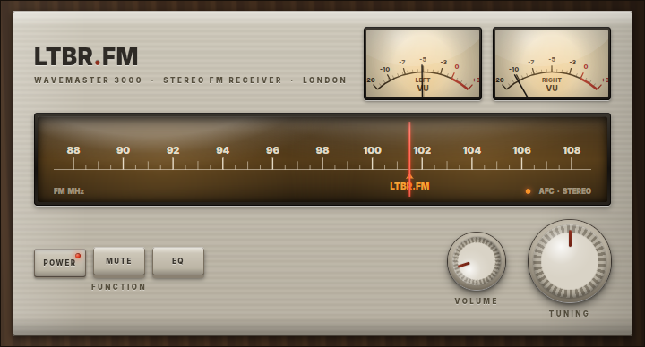 The Receiver's analog face — the Wavemaster 3000, a cream-and-walnut stereo FM receiver with twin VU meters, an illuminated tuning dial and volume and tuning knobs