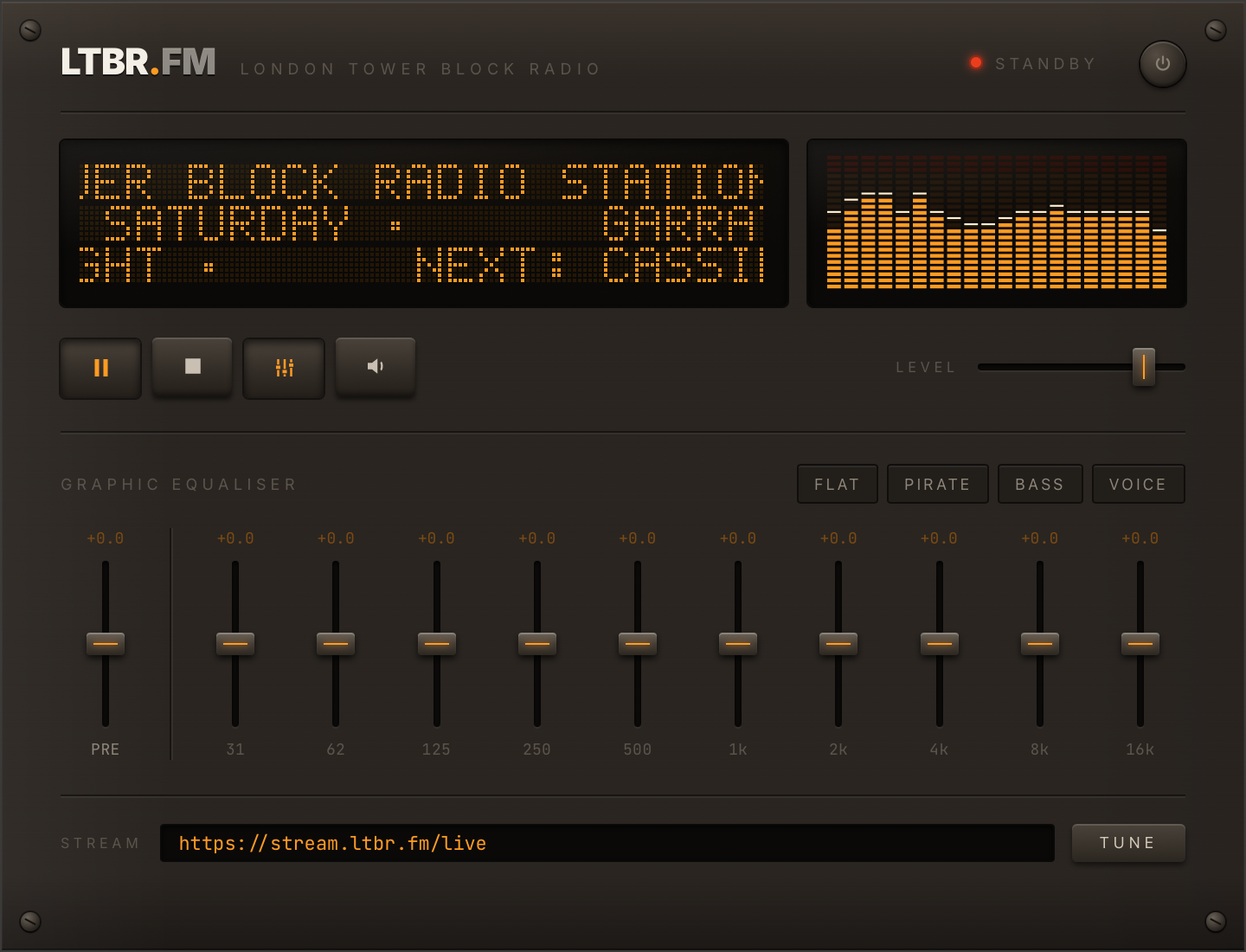 The Receiver's digital face — an amber-on-black radio with a dot-matrix display, spectrum analyser, 12-band graphic equaliser and a stream URL tuner