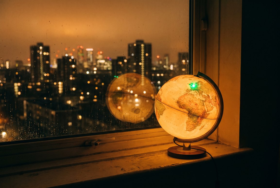 An illuminated desk globe on a windowsill at night, a single green light marking London, tower blocks with lit windows beyond the glass