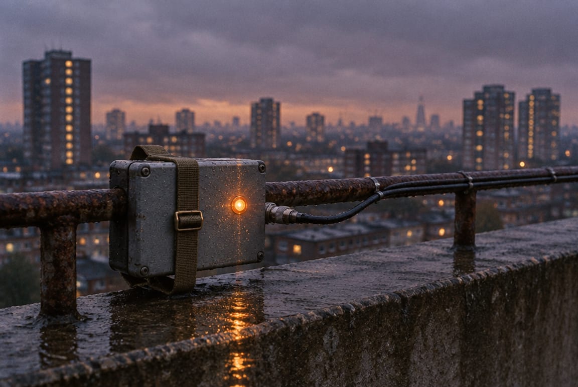 A small relay transmitter box strapped to a rooftop railing, its amber lamp lit, a wet tower-block skyline behind it at dusk