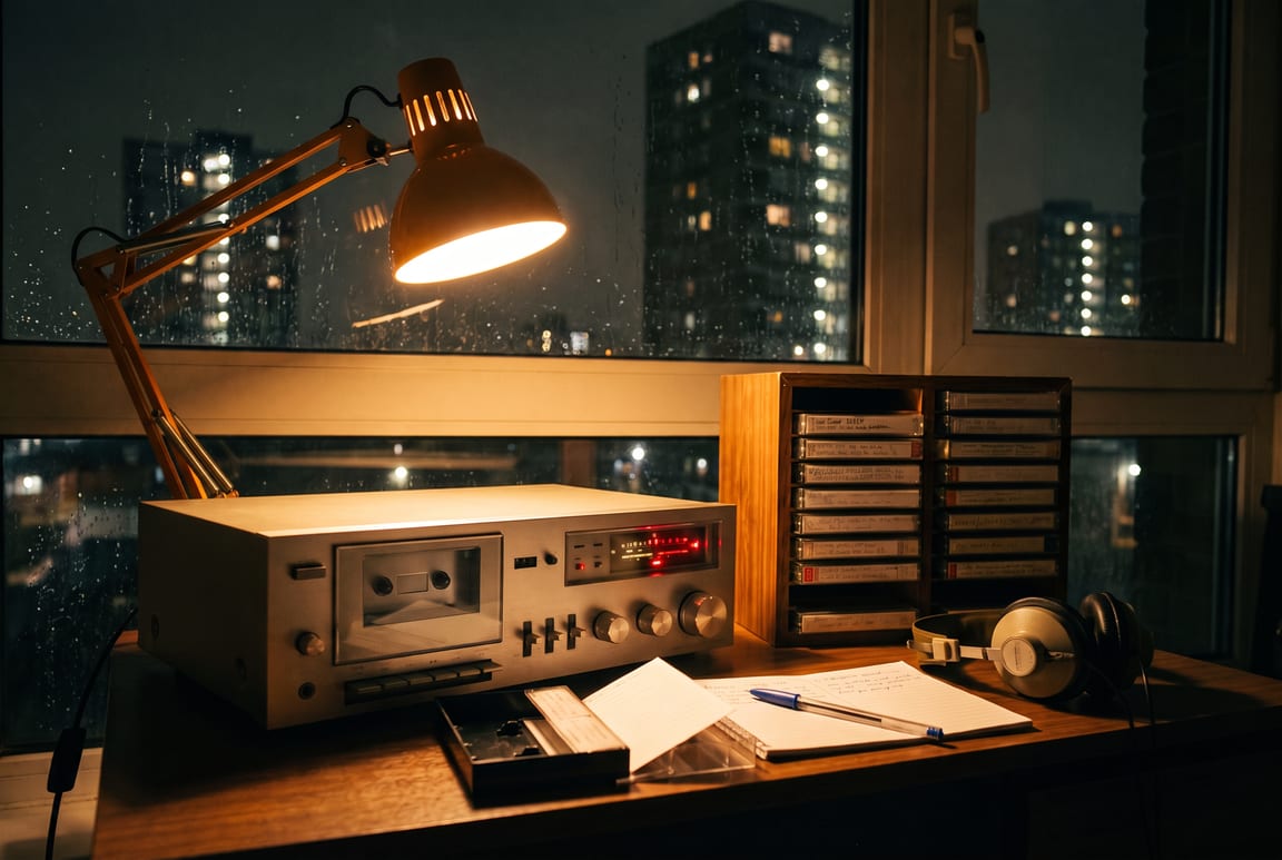 A cassette deck with its meters glowing red under an amber desk lamp, beside a rack of hand-labelled cassette boxes, an open cassette case with its J-card and a biro on a notebook, rain on the window and lit tower blocks beyond