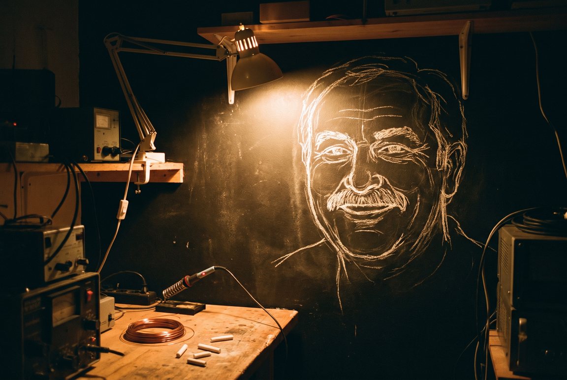 A white chalk portrait of a smiling moustached man drawn on a black transmitter-room wall, lit by an amber work lamp above a workbench