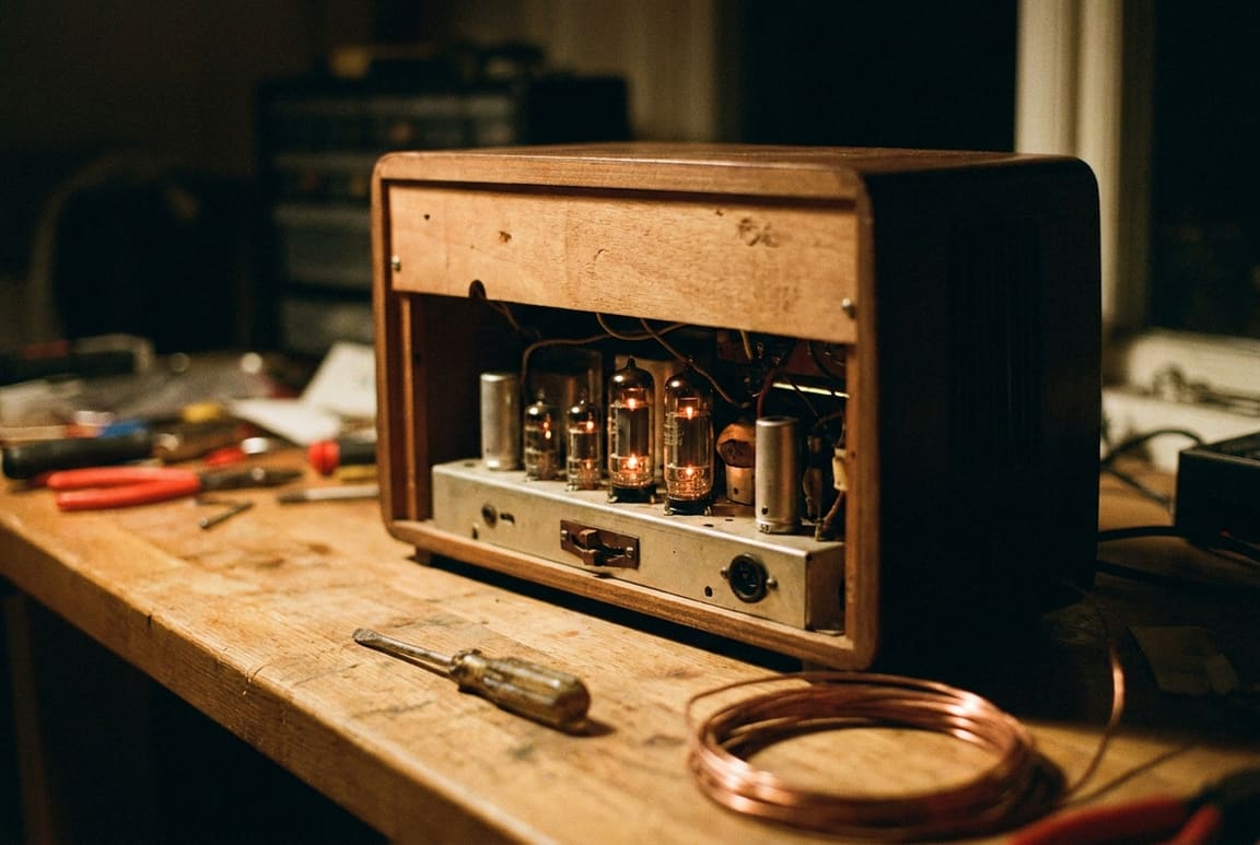 An opened radio chassis on a workbench mid-repair, soldering iron resting on its stand