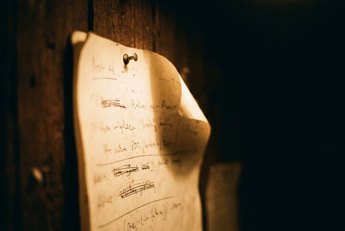 A paper show schedule pinned to a dark transmitter-room wall, curling at one corner