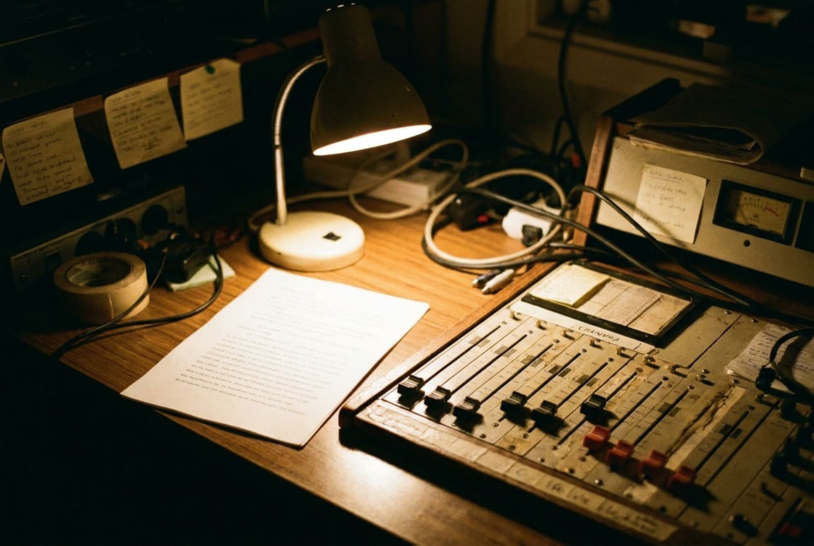 A typewritten sheet on a studio desk under a lamp, beside a mixing console fader