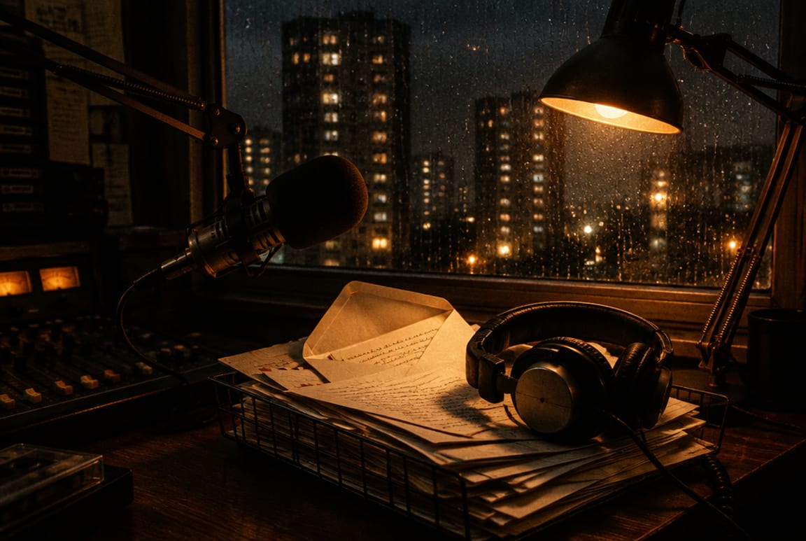 A wire letter tray full of letters and an opened envelope under an amber desk lamp beside a studio microphone and headphones, rain on the window and lit tower blocks beyond